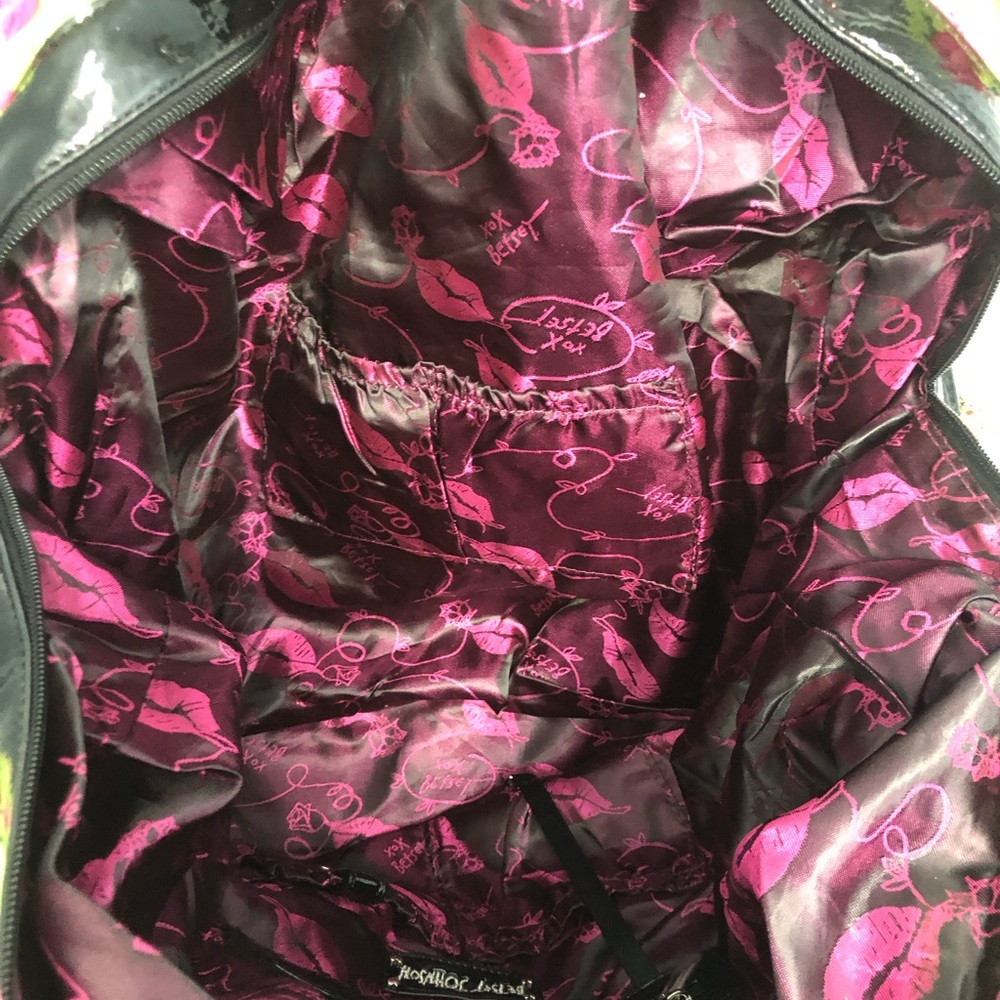 Betsey Johnson Floral Tote Bag Large Black Trim Pink Roses Neon - Picture 14 of 16